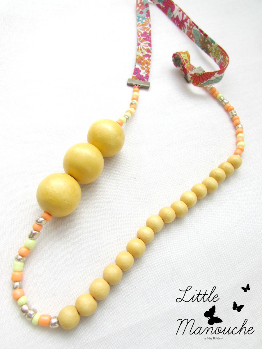 collier petite fille perles bois jaune biais ruban liberty véritable orange rouge fleur jaune