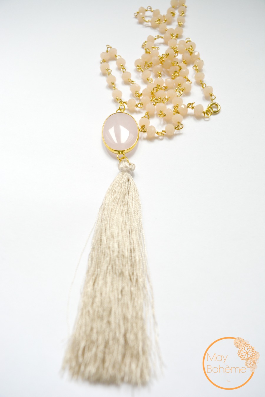 SAUTOIR NOUR QUARTZ - Sautoir en perles rose, plaqué or, quartz rose, pompon