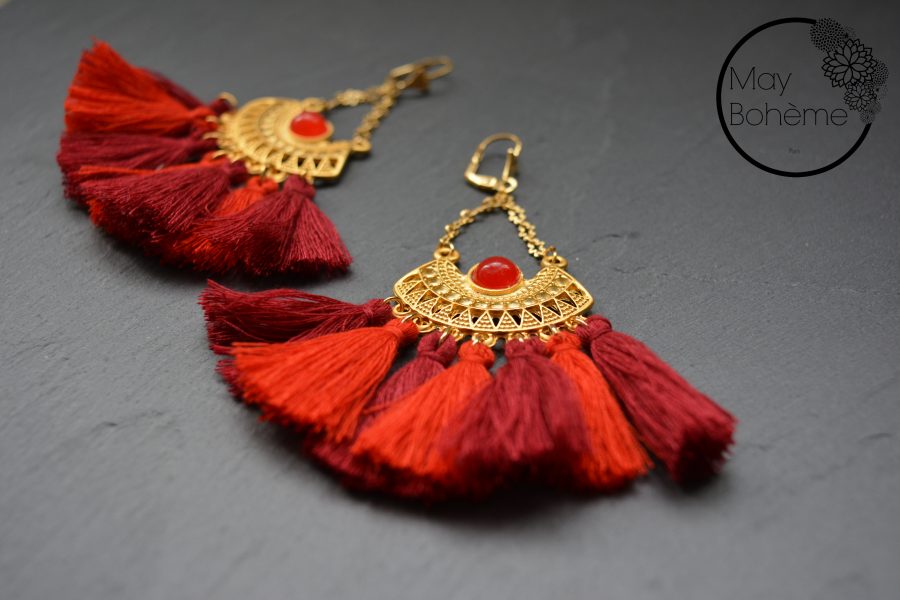 Boucles D'oreilles Ethniques Tibétaines - Argent Et Pompons Rouges - Style Oriental - Neuves