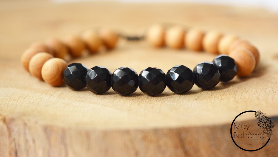 BRACELET UNISEXE PERLES BOIS DE SANTAL ONYX NOIR