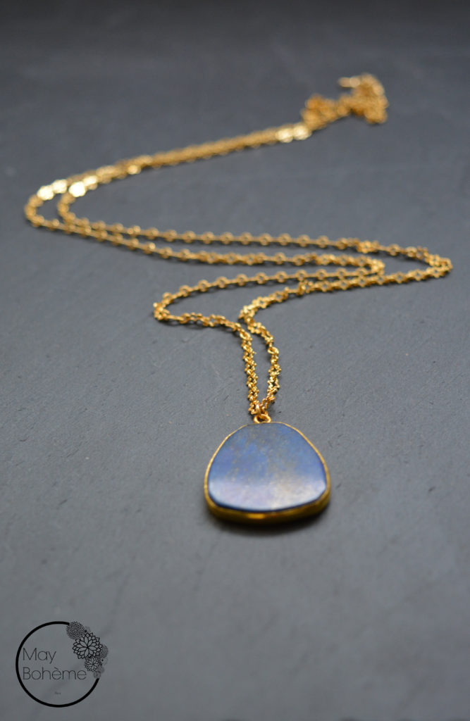Sautoir Collier Long Perles Bois & Effet Marbre – Pierre Étoile & Pompon Bleu – Oh My Shop