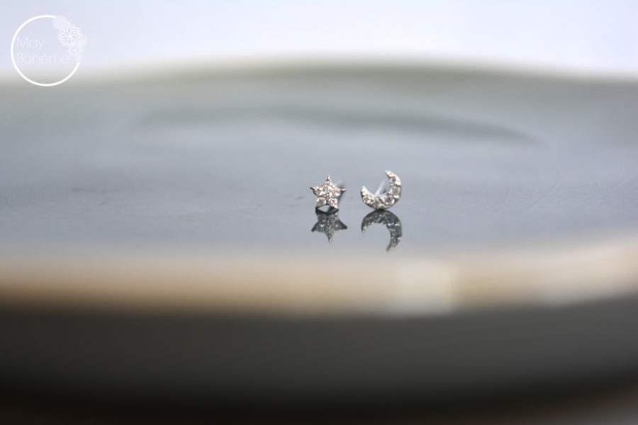 mini boucles d'oreilles étoile croissant lune argent serti zirconium diamant