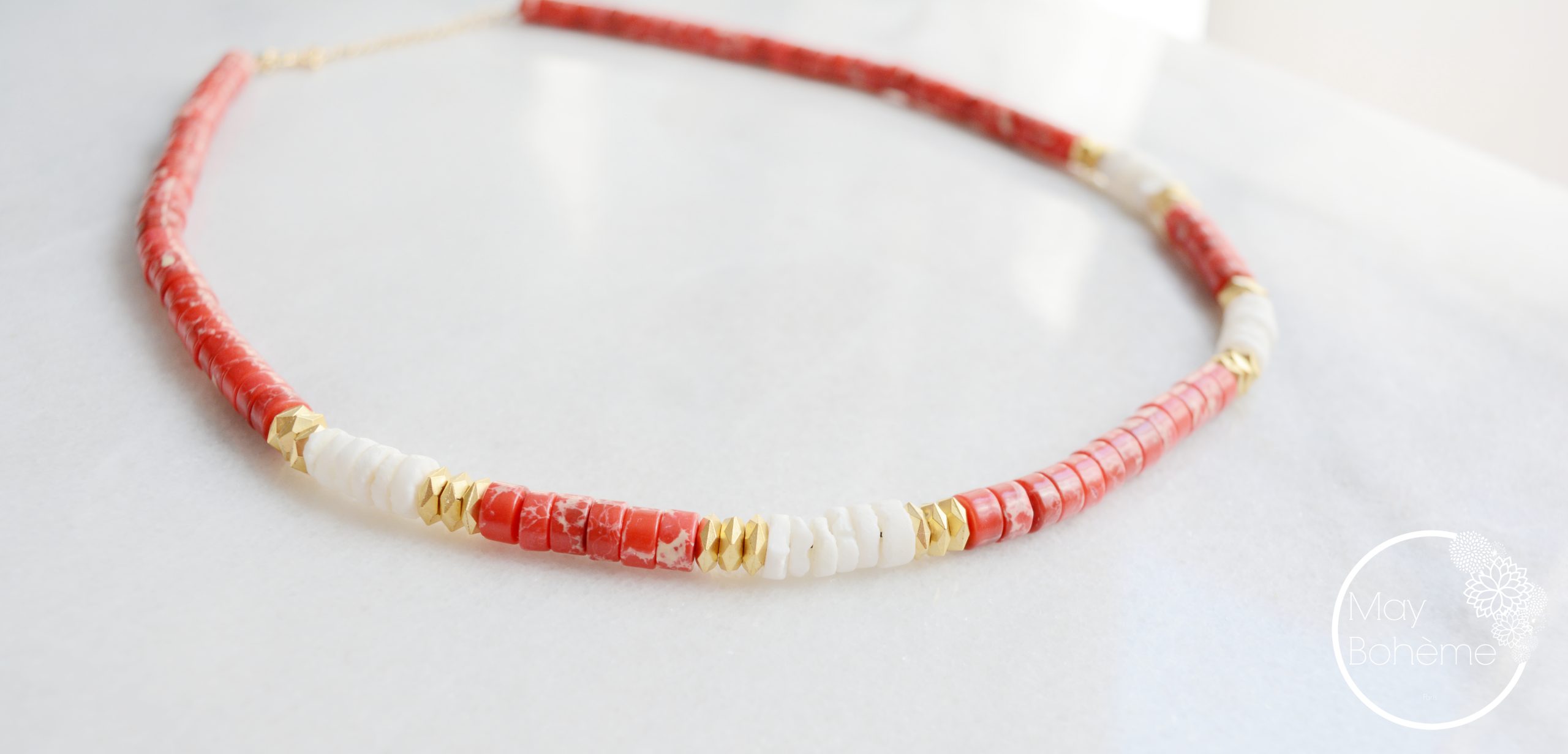 Collier Vintage à Perles Graduées En Bois, Corne, Corail Et Coquillage - Tons Blanc, Bleu, Marron