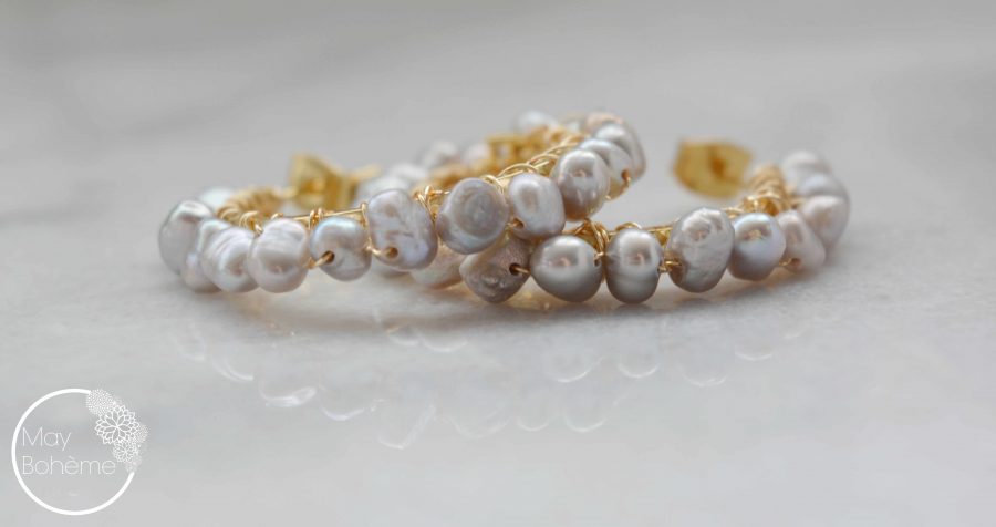 Boucles D'oreilles Créoles Perles D'eau Douce Blanche - Plaqué Or Blanc - Marque Rose-Mimosa