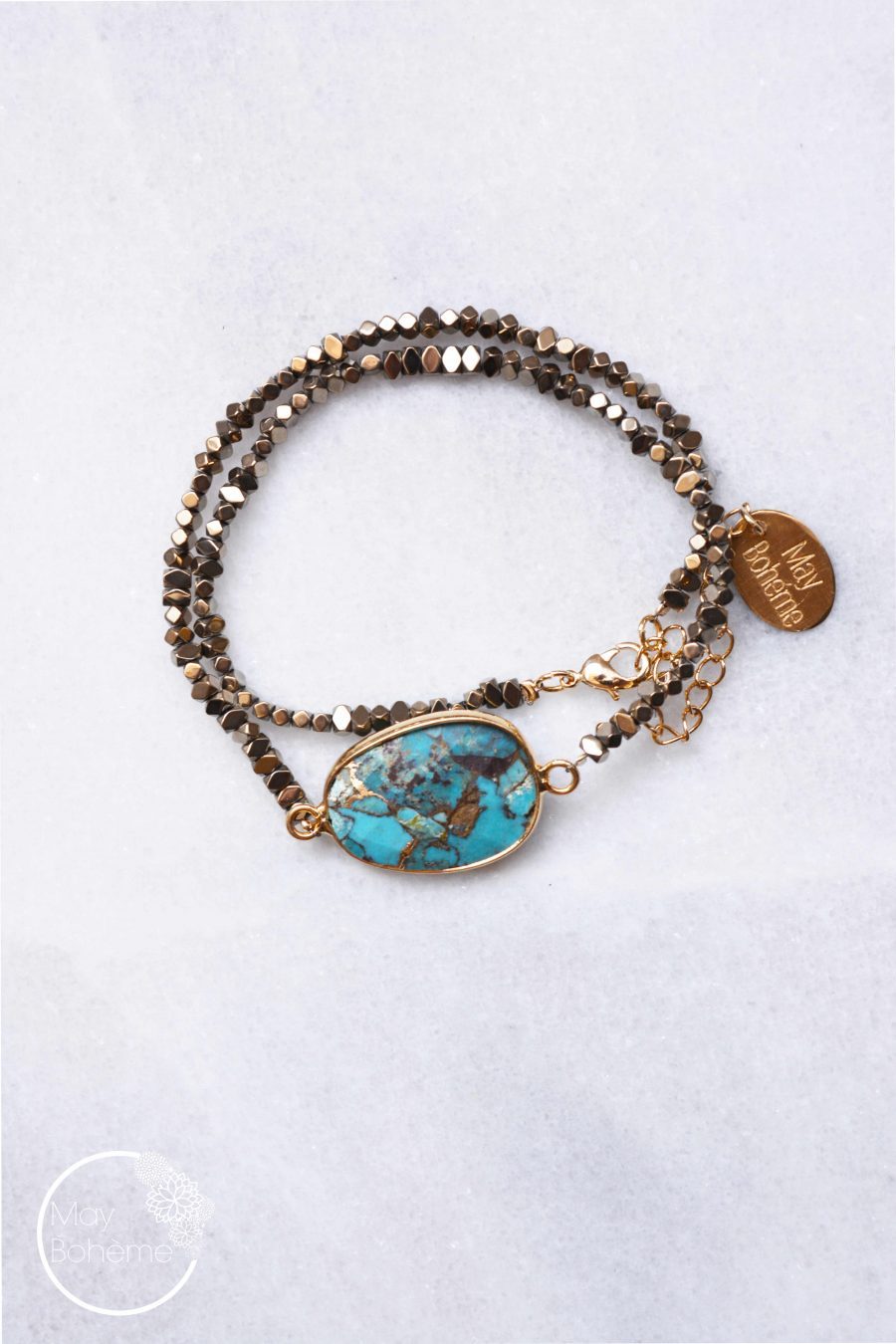 bracelet double lien pierre hématites pierre semi précieuses naturelles cabochon plat turquoise