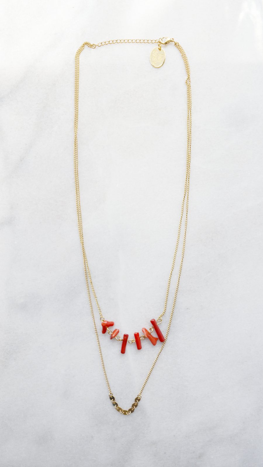 sautoir acier inoxydable doré or brin corail rouge deux chaines
