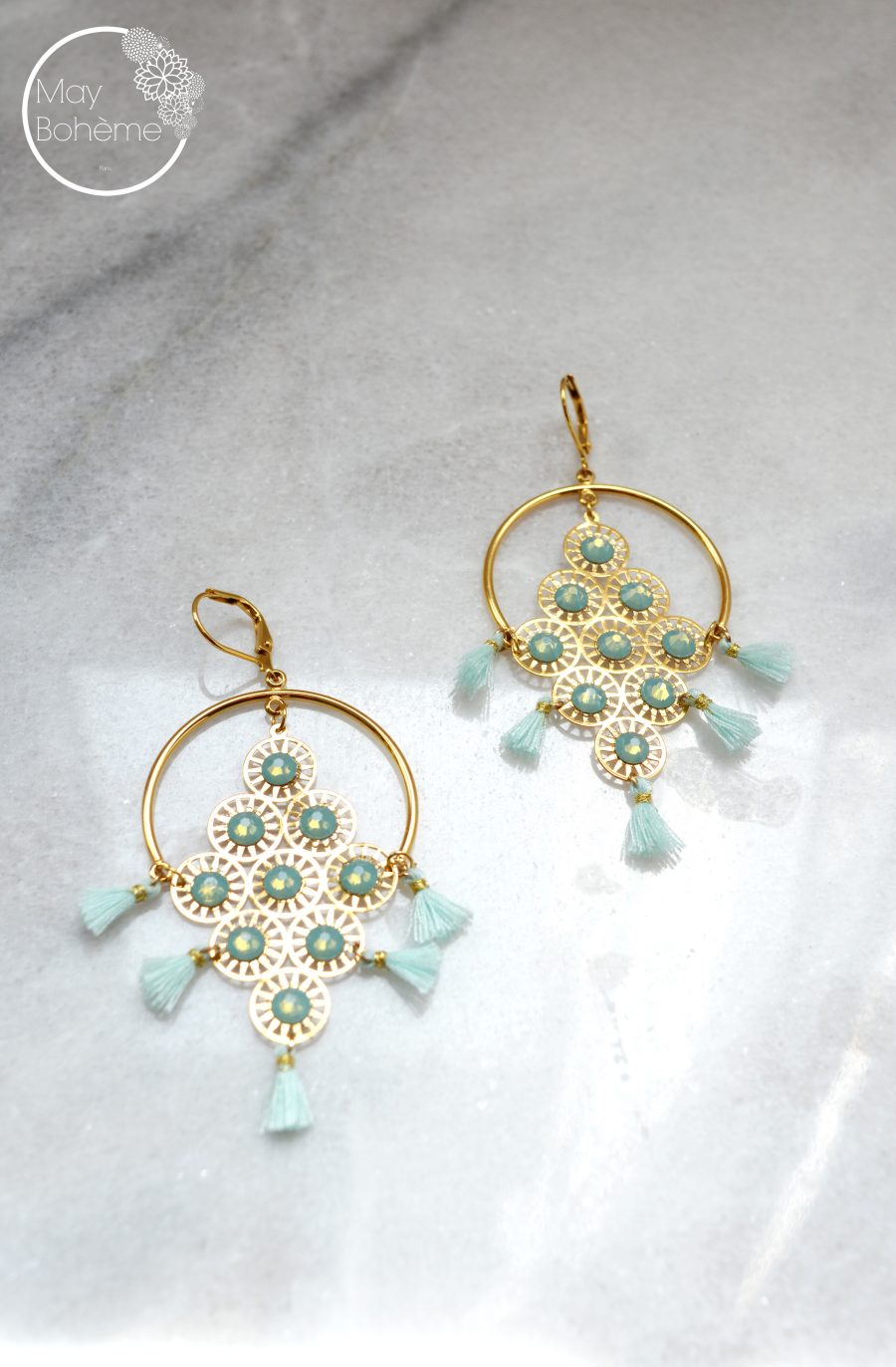 Boucles D'oreilles Créoles Pompons - Bleu Turquoise Et Doré - Style Bohème Chic - Neuves Avec étiquettes