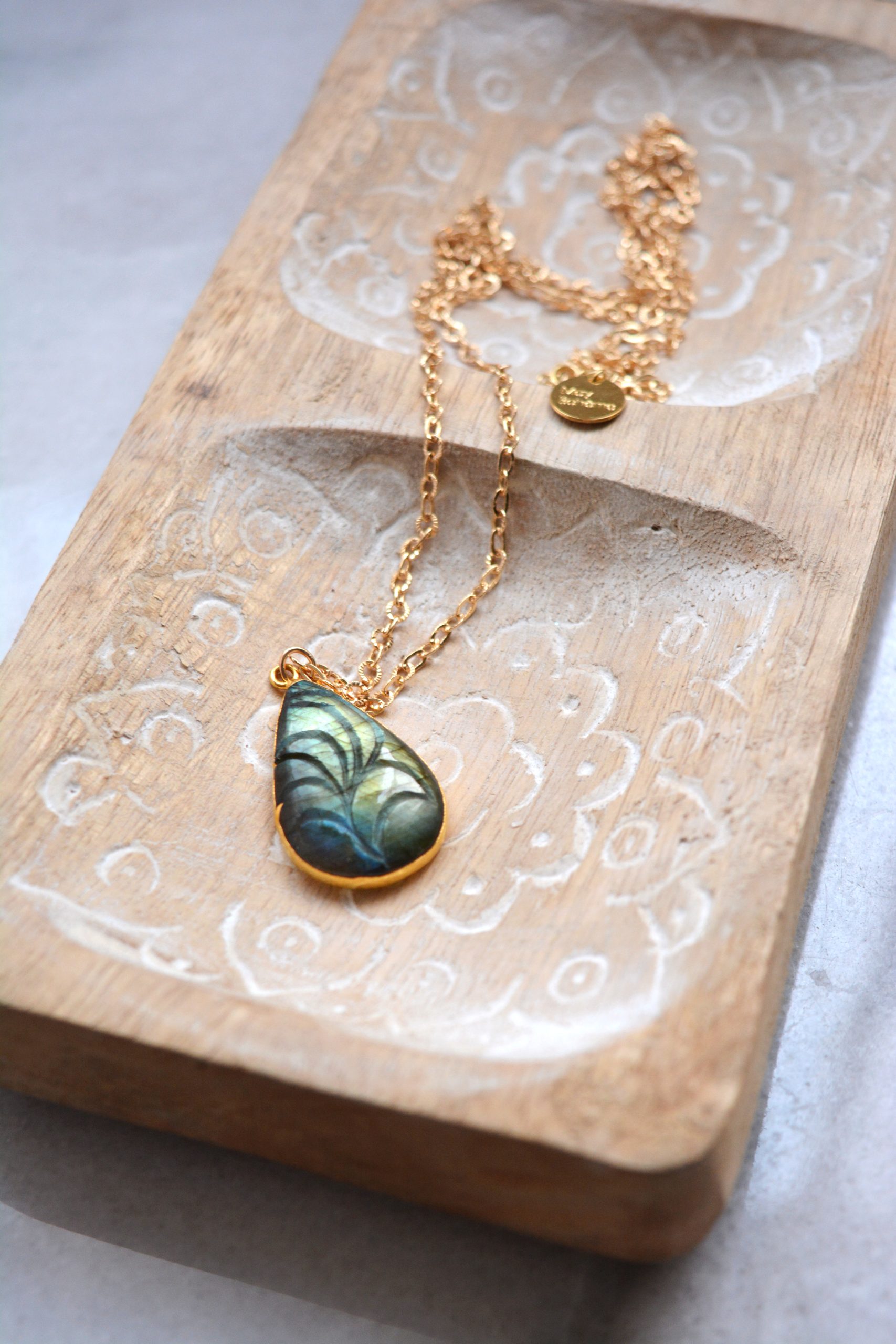 Pendentif Labradorite Véritable - Laiton Plaqué Or 14k - Marque Rose-Mimosa - Neuf