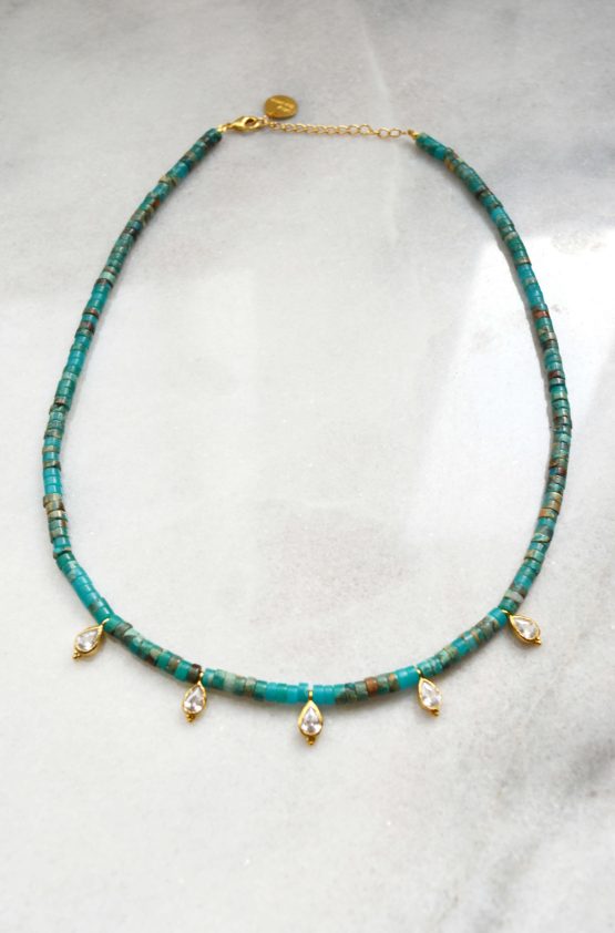 collier surfeur hieshi turquoise africaine bleu vert petits pendentif zirconium diamant goutte brillant marquise